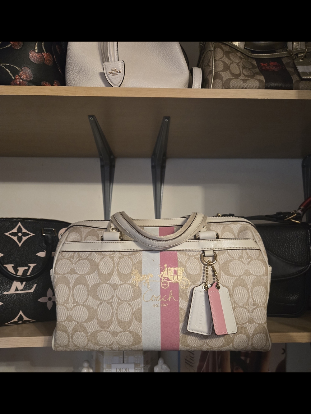 Vintage Coach Heritage Signature Stripe Satchel Bag in Beige, Pink & White